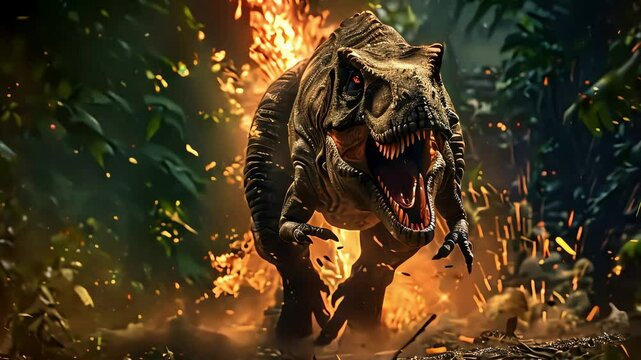 T-Rex, with its mouth fully open, running towards the viewer, emerging from the jungle, front view, zoom blur with ultra-realistic high shutter speed, background meteoric fireball falling.