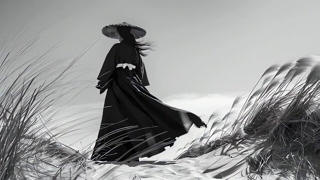 Black and white photograph , a lonely samurai woman standing on a sand dune, traditional clothing, wearing a wide-brimmed straw hat, hair fluttering in the wind, minimalist style.
