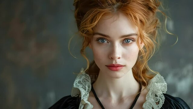 portrait of a 17th century English lady. 30 years old, black dress. Average British face. White pale skin.