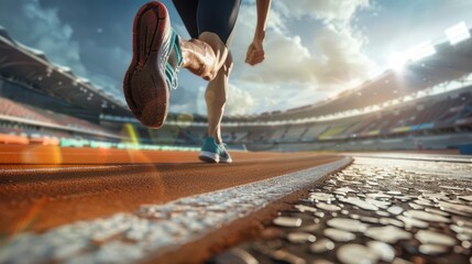 Fototapeta na wymiar Low angle view man running on racetrack for healthy and marathon preparing.