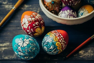 Colorfully decorated Easter eggs with intricate patterns rest on a wooden surface, accompanied by paint brushes.