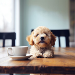 A charming puppy sitting on a wooden table, curiously looking at a cup of coffee, capturing a heartwarming and delightful moment.