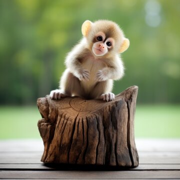 A cute baby monkey sitting on a rustic tree stump, surrounded by a green, nature-filled background, capturing a peaceful and delightful scene.