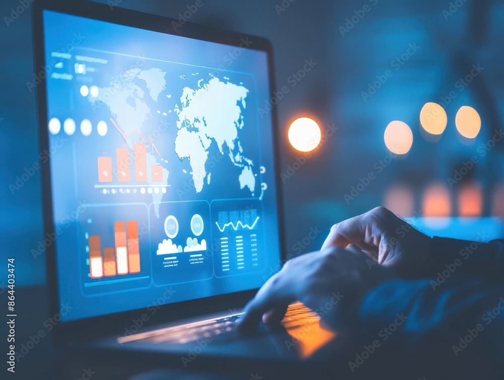 Poster Person analyzing data on a laptop with global charts and graphs in a dimly lit workspace. Data analysis and technology concept.