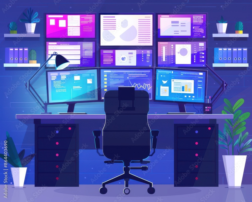 Poster modern workspace with multiple computer screens, ergonomic chair, and vibrant lighting, perfect for 