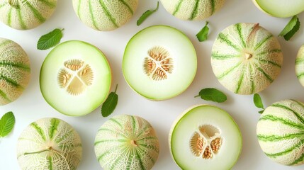 honeydew melon fruit arranged in rows and top view