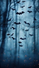 Mysterious forest scene with bats hanging from strings, creating an eerie atmosphere against a dark, foggy backdrop.