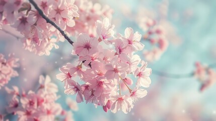 Obraz premium Blooming cherry blossoms in a park, with delicate pink petals creating a canopy of flowers, symbolizing the arrival of spring and new beginnings