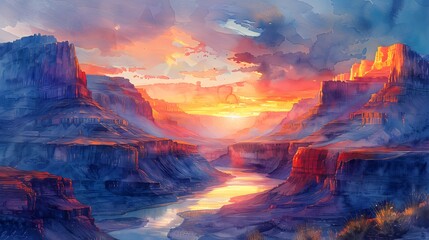Fototapeta premium A watercolor painting of a majestic canyon, layered rock formations glowing in the light of the setting sun, a river winding through the base, the sky filled with vibrant sunset colors, a serene and t