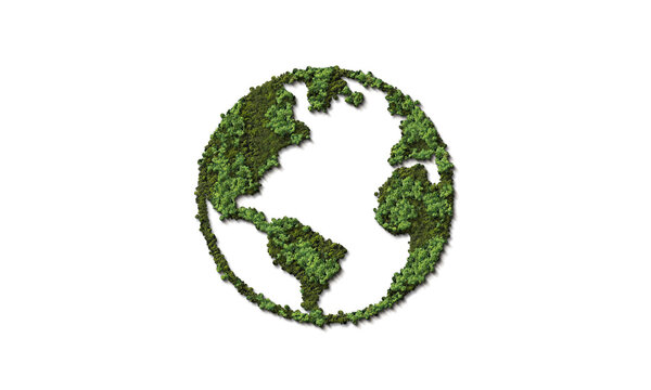 Fototapeta Green World Map- 3D tree or forest shape of world map isolated on white background. World Map Green Planet Earth Day or Environment day Concept