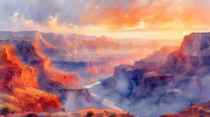 Fototapeta premium A watercolor painting of a breathtaking canyon view, layered rock formations in shades of red and orange, a winding river below, the sky filled with soft hues of dawn, a peaceful and awe-inspiring atm