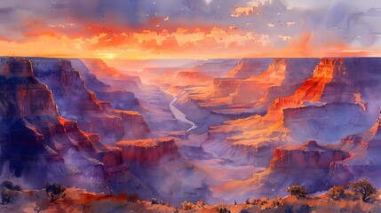 Fototapeta premium A watercolor painting of a breathtaking canyon view, layered rock formations in shades of red and orange, a winding river below, the sky filled with soft hues of dawn, a peaceful and awe-inspiring atm