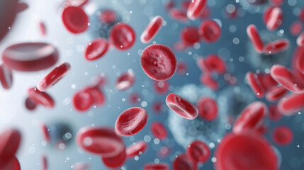 Abstract close-up of floating red blood cells, showcasing the intricate details of medical and biological science on a blue background.