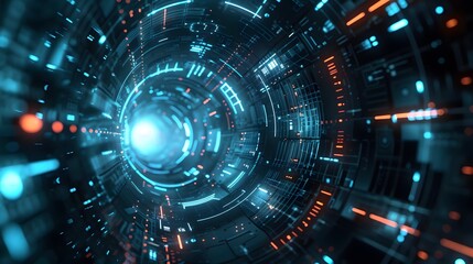 Obraz premium A digital train speeding through a tunnel lined with data