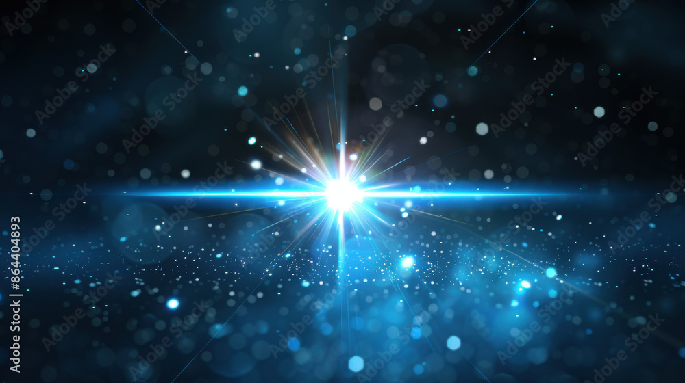 Poster bright glowing light in a blue starry field with particles creating a mystical and cosmic atmosphere