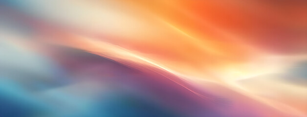 Obraz premium Blurred background with light blue, white, and orange gradient colors, featuring blurred shapes of sun rays. 