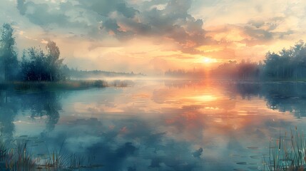 A watercolor painting of a serene lake at sunrise, the water perfectly reflecting the surrounding landscape, the sky filled with soft pastel hues, a tranquil and peaceful atmosphere.