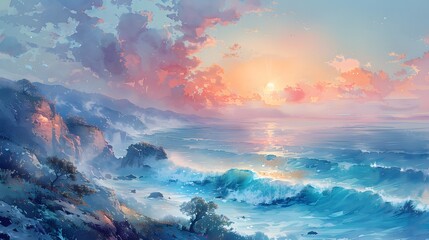 Fototapeta premium A watercolor painting of a serene ocean view from a cliff, waves gently crashing against the rocks, a soft blue sky with hints of pink and orange from the setting sun, sparse vegetation on the cliffsi