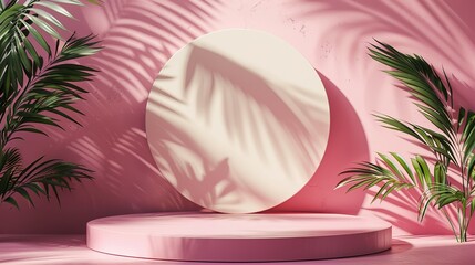 Pink Minimalist Product Display with Palm Leaves