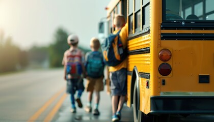 Group of young students boarding a yellow school bus on a sunny day, marking the beginning of a new school year.