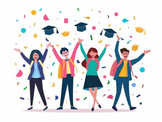 Fototapeta premium Group of happy students celebrating graduation with cap toss and confetti, cartoon style. Bright colors and joyful expressions.