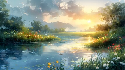 Fototapeta premium A watercolor painting of a tranquil riverbank, vibrant wildflowers, gently flowing water reflecting the soft hues of sunset, lush greenery along the shore, a peaceful and serene atmosphere.