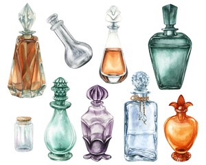 Vintage glass universal bottle with glass stopper. Watercolor illustration for template design of vase, liqueur, amaretto, perfume, oil, liquid, aromatherapy, drinks, alcohol, alchemy, magic, cooking.