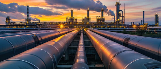 Naklejka premium Industrial oil refinery with pipelines at sunset, showcasing energy infrastructure and modern technology in a dramatic landscape.