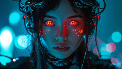 Naklejka premium Futuristic Cyber Girl with Glowing Red Eyes