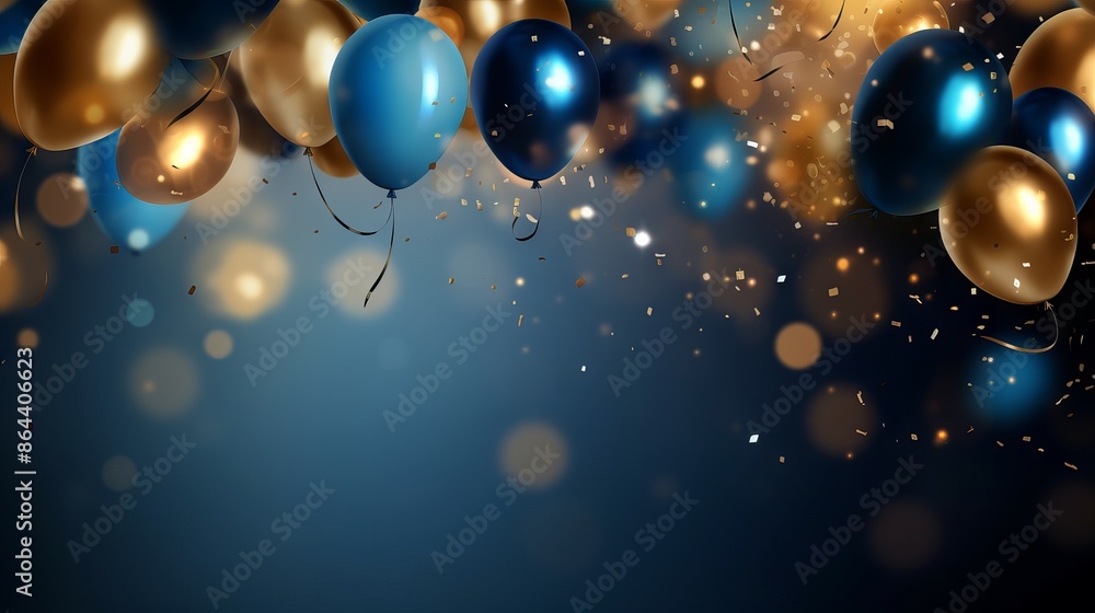 Wall mural festive background with golden and blue balloons, falling confetti, blurry bokeh lights