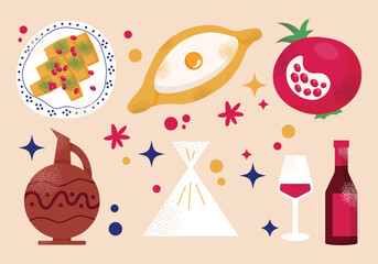 Georgian national dishes. Menu in a Georgian restaurant. Khachapuri, khinkali, dumplings, wine, pomegranate, dish. Classic dishes for lunch and dinner. Vector illustration isolated on background
