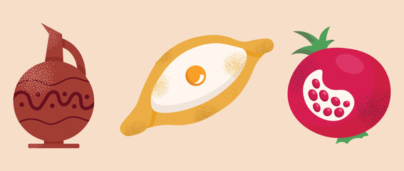 Georgian national dishes. Menu in a Georgian restaurant. Khachapuri, khinkali, dumplings, wine, pomegranate, dish. Classic dishes for lunch and dinner. Vector illustration isolated on background