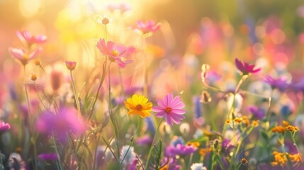 Flower field in sunlight, spring or summer garden background in closeup macro view or flowers meadow field in morning light.