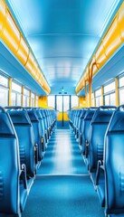 Fototapeta premium Empty modern bus interior with blue and yellow seats, illuminated by natural light from large windows on a bright day.