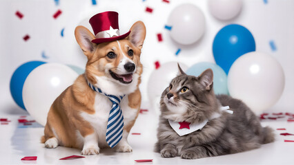 4th of July celebration with Corgi dog with a blue striped tie and Gray Cat in a themed studio with Balloons and Confetti. Concept for Independence Day of the United States of America.
