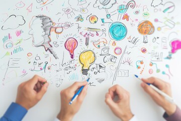 Creative brainstorming session with illustrations, lightbulbs, and hands drawing on paper. Ideal for business and innovation concepts.