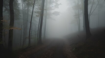 Obraz premium A foggy forest path enveloped in a mysterious atmosphere, with tall trees shrouded in mist.