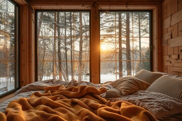 A cozy Bedroom in a wooden House in the woods. Relaxing in nature