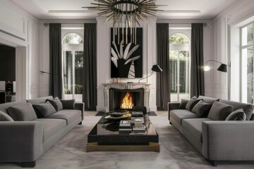 A modern living room Suite in black and white tones. Samples of the interior of a luxury living room