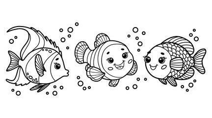  Cute cartoon fish trio with bubbles. Black and white outline vector Illustration. Children's coloring page book