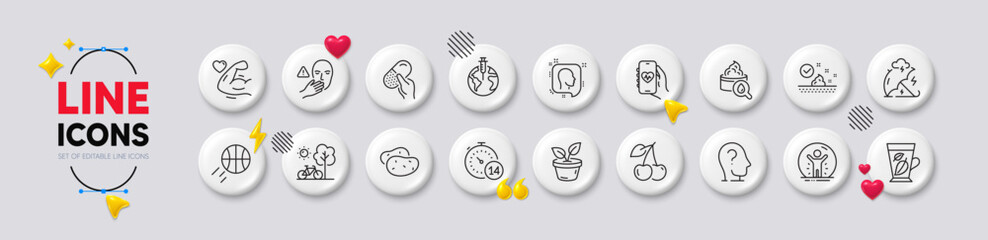 Pandemic vaccine, Potato and Dont touch line icons. White buttons 3d icons. Pack of Bicycle, Leaves, Skin care icon. Moisturizing cream, Stress protection, Health app pictogram. Vector