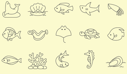 Sea animals icons set. Outline illustration