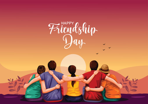 friedshipHappy international friendship day greeting card, back view of friends group. abstract vector illustration design