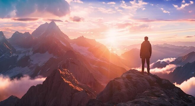 Sunrise in the mountains with climber standing on the top of a mountain