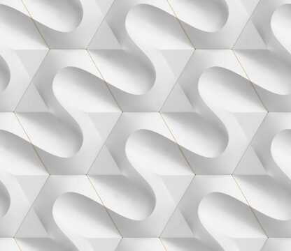 3d illustration of geometry waves tiles, white modules with golden frayed edges