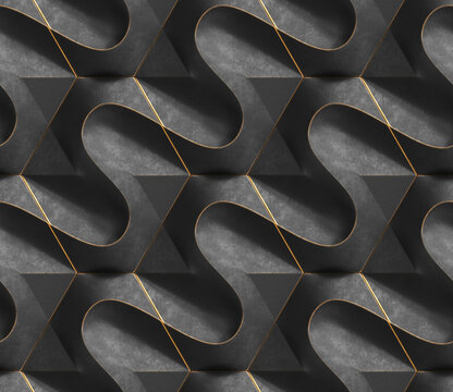 3d illustration of geometry waves tiles, white modules with golden frayed edges