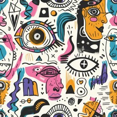 Fototapeta premium Hand drawn modern doodle seamless pattern with abstract eyes, faces, profile and patterns on a white background, with blue, yellow, black, pink. An illustration for an icon that can be printed