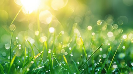 Obraz premium Dew-covered grass glistening in the early morning light, with tiny flowers starting to bloom, symbolizing the freshness and rejuvenation of spring