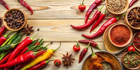 Knolling assorted spices and red chili peppers on a light wood table top. Food and cuisine ingredients. The concept of healthy and tasty food. Background for menu, invitation, card, banner, flyer
