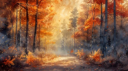 Obraz premium A watercolor painting of an autumn forest path, leaves in vibrant fall colors, sunlight streaming through the trees, creating a golden glow, a sense of peace and tranquility.